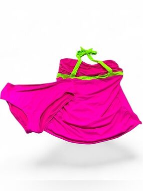 DACI Women’s XL Tankini Swimsuit Set Pink Green Halter Skirted Bikini NWT